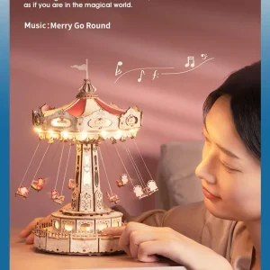 Christmas Decorations DIY Music Box Kids Adults Gift Easy Assembly Ruoka Dreamland Flying Chair Amusement Park Carousel with Music and Light 3D Wood Diy Puzzle